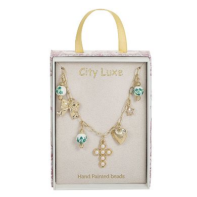 City Luxe Gold Tone Green Bead & Simulated Pearl Charm Necklace