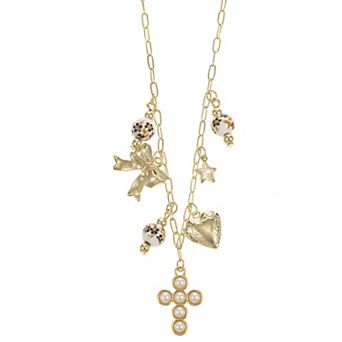 City Luxe Gold Tone Hand Painted Ceramic Brown Bead & Simulated Pearl Charm Pendant Necklace