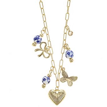 City Luxe Gold Tone Ceramic Blue Beads & Heart Charm Pendant Necklace