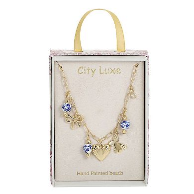 City Luxe Gold Tone Ceramic Blue Beads & Heart Charm Pendant Necklace