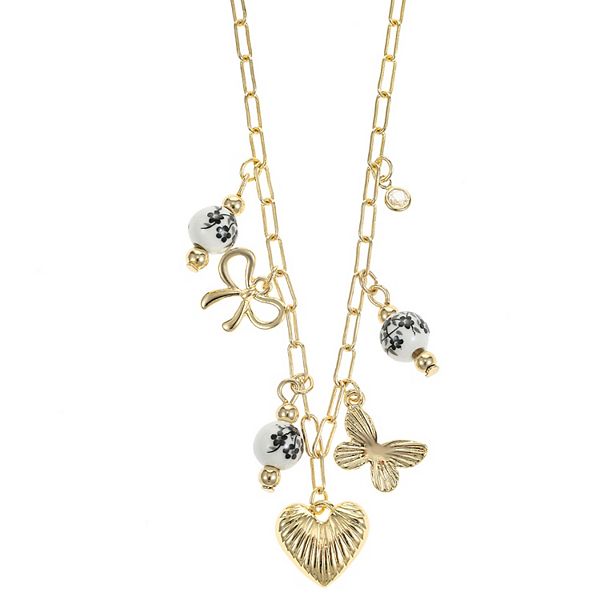 City Luxe Gold Tone Heart Charm & Ceramic Black Bead Pendant Necklace