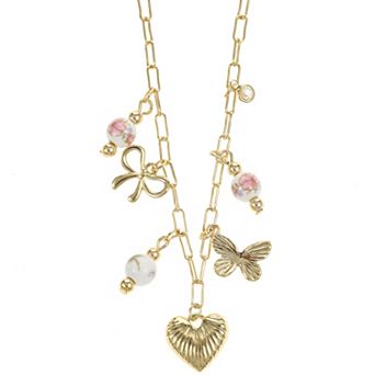 City Luxe Gold Tone Heart Charm Necklace with Ceramic Pink Beads & Butterfly