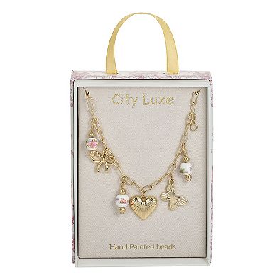 City Luxe Gold Tone Heart Charm Necklace with Ceramic Pink Beads & Butterfly