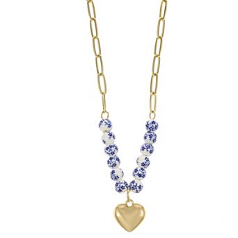 City Luxe Gold Tone Hand Painted Ceramic Blue Bead & Polished Heart Necklace