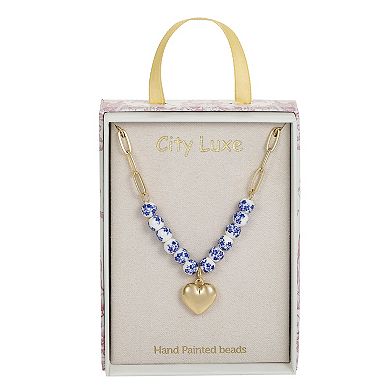 City Luxe Gold Tone Hand Painted Ceramic Blue Bead & Polished Heart Necklace