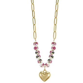 City Luxe Gold Tone Hand Painted Ceramic Pink Bead & Polished Heart Pendant Necklace