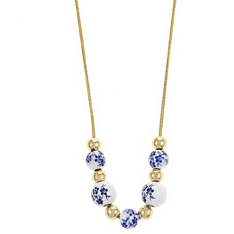 City Luxe Gold Tone Hand Painted Ceramic Blue & Polished Bead Necklace