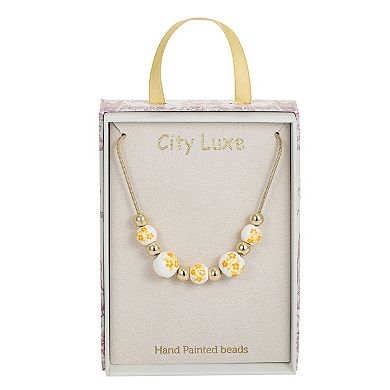 City Luxe Gold Tone Hand Painted Ceramic Yellow & Polished Bead Necklace