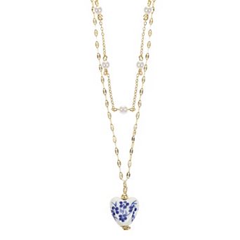 City Luxe Gold Tone Ceramic Blue Heart & Simulated Pearl Layered Pendant Necklace