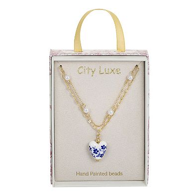 City Luxe Gold Tone Ceramic Blue Heart & Simulated Pearl Layered Pendant Necklace