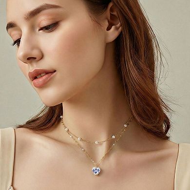 City Luxe Gold Tone Ceramic Blue Heart & Simulated Pearl Layered Pendant Necklace