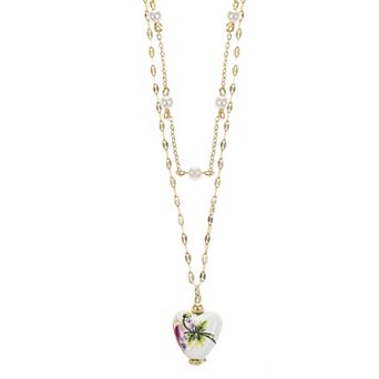 City Luxe Gold Tone Ceramic Pink Heart & Simulated Pearl Layered Pendant Necklace