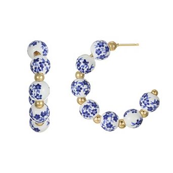 City Luxe Gold Tone Hand Painted Ceramic Blue Bead Hoop Earrings