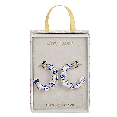 City Luxe Gold Tone Hand Painted Ceramic Blue Bead Hoop Earrings