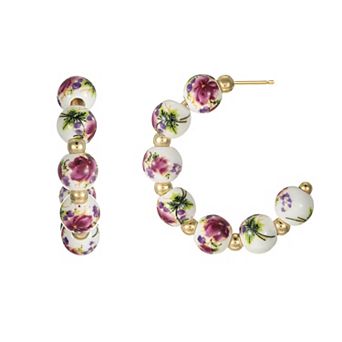 City Luxe Gold Tone Hand Painted Ceramic Pink Bead Hoop Earrings