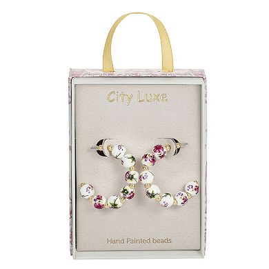 City Luxe Gold Tone Hand Painted Ceramic Pink Bead Hoop Earrings