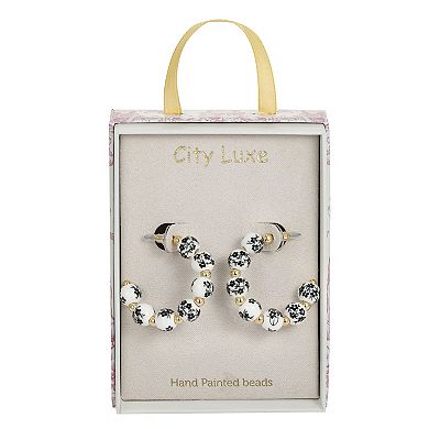 City Luxe Gold Tone Hand Painted Ceramic Black Bead Hoop Earrings
