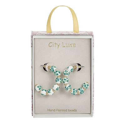 City Luxe Gold Tone Hand Painted Ceramic Green Bead Hoop Earrings