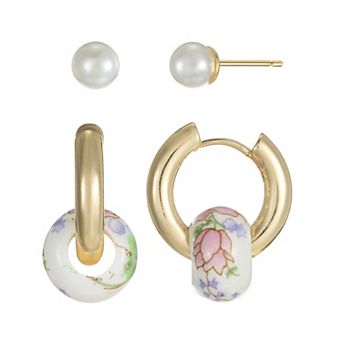 City Luxe Gold Tone 2-Pair Ceramic Pink Bead Hoop & Simulated Pearl Stud Earring Set