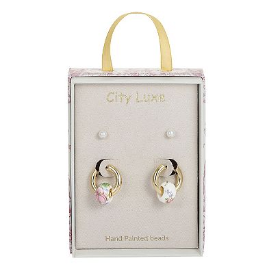 City Luxe Gold Tone 2-Pair Ceramic Pink Bead Hoop & Simulated Pearl Stud Earring Set