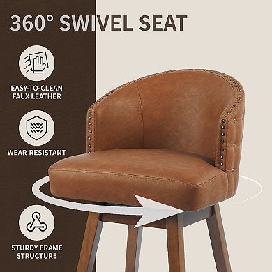 PU Leather Swivel Solid Wood Frame Bar Stools Set of 2