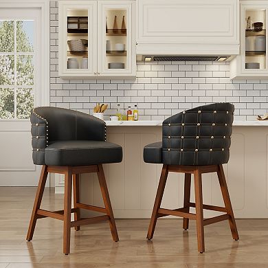 PU Leather Swivel Solid Wood Frame Bar Stools Set of 2