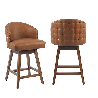 PU Leather Swivel Solid Wood Frame Bar Stools Set of 2