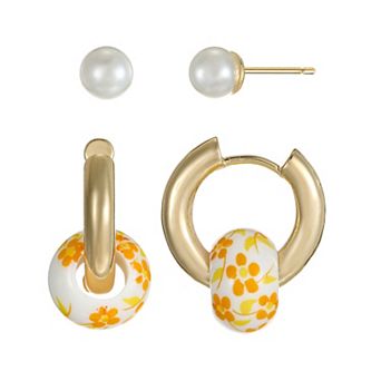 City Luxe Gold Tone 2-Pair Ceramic Yellow Bead Hoop & Stud Earring Set