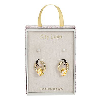 City Luxe Gold Tone 2-Pair Ceramic Yellow Bead Hoop & Stud Earring Set