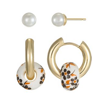 City Luxe Gold Tone 2-Pair Ceramic Brown Bead Hoop & Simulated Pearl Stud Earring Set