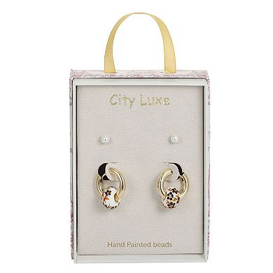City Luxe Gold Tone 2-Pair Ceramic Brown Bead Hoop & Simulated Pearl Stud Earring Set