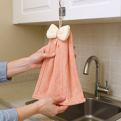 3 Pack Hanging Kitchen Hand Towels Soft Absorbent Ribbed Towels with Decorative Bow and Loop