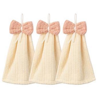 3 Pack Hanging Kitchen Hand Towels Soft Absorbent Ribbed Towels with Decorative Bow and Loop