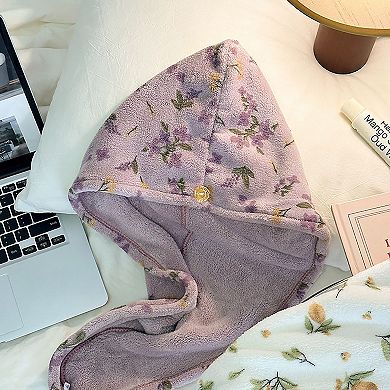 Floral Print Quick Dry Hair Towel Turban Soft Absorbent Microfiber Wrap with Button Closure
