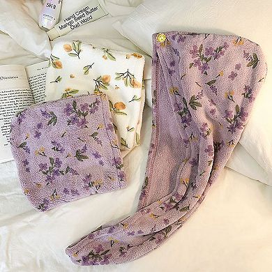 Floral Print Quick Dry Hair Towel Turban Soft Absorbent Microfiber Wrap with Button Closure