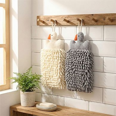 2-PC Duck Shaped Hanging Microfiber Hand Towels Set Soft Plush Absorbent Design with Loop
