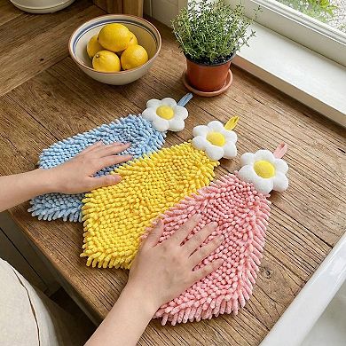 3-PC Flower Hanging Microfiber Cleaning Towels Set with Loop Soft Absorbent Scrubber Design