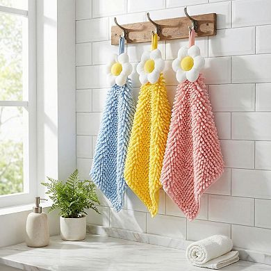 3-PC Flower Hanging Microfiber Cleaning Towels Set with Loop Soft Absorbent Scrubber Design