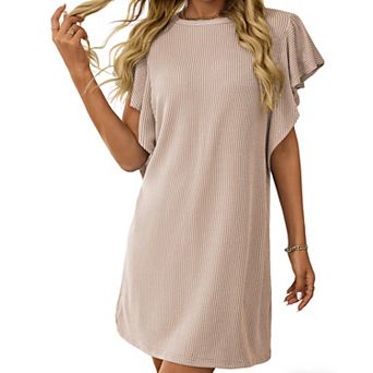 Women's Striped Ribbed Shift Dress Ruffle Short Sleeve Loose Fit Casual Midi Dress