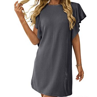Women's Striped Ribbed Shift Dress Ruffle Short Sleeve Loose Fit Casual Midi Dress