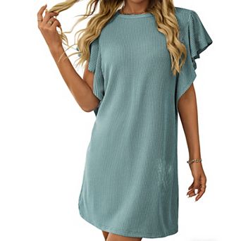Women's Striped Ribbed Shift Dress Ruffle Short Sleeve Loose Fit Casual Midi Dress