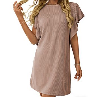 Women's Striped Ribbed Shift Dress Ruffle Short Sleeve Loose Fit Casual Midi Dress