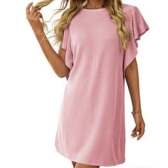 Women's Striped Ribbed Shift Dress Ruffle Short Sleeve Loose Fit Casual Midi Dress