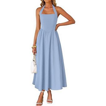 Women's Sleeveless Halter Midi Dress Off Shoulder High Waist Flowy Beach Wedding Guest Long Dresses