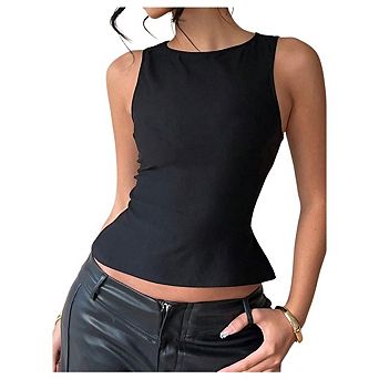 Women's Cut Out Bow Back Tie Tank Top Going Out Sleeveless Boat Neck Blouse