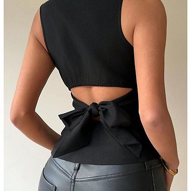 Women's Cut Out Bow Back Tie Tank Top Going Out Sleeveless Boat Neck Blouse