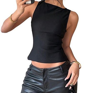 Women's Cut Out Bow Back Tie Tank Top Going Out Sleeveless Boat Neck Blouse