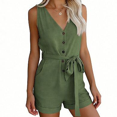 Women's Sleeveless V Neck Romper Summer Casual Belted Waist Button Front Short Jumpsuit