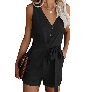 Women's Sleeveless V Neck Romper Summer Casual Belted Waist Button Front Short Jumpsuit