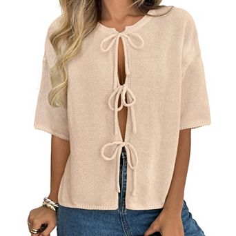 Women's Short Sleeve Crew Neck Knit Cardigan Tie Front Loose Fit Casual Sweater Top